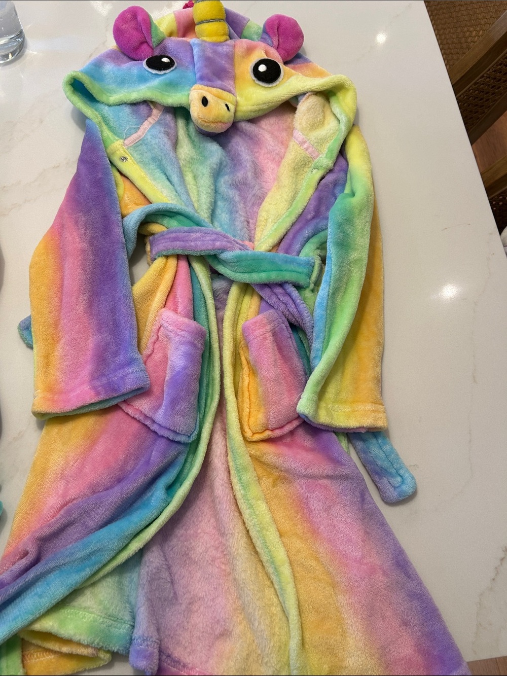Girls rainbow unicorn robe with hood, pockets, tie and button